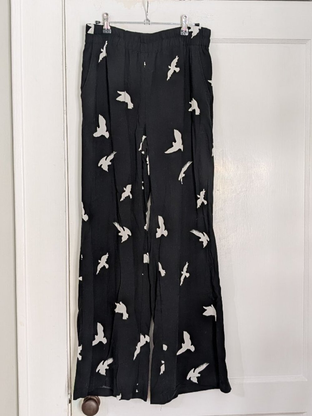Grace Elements Flowy Women's Pants Black & White Bird Pattern Size Medium Lounge